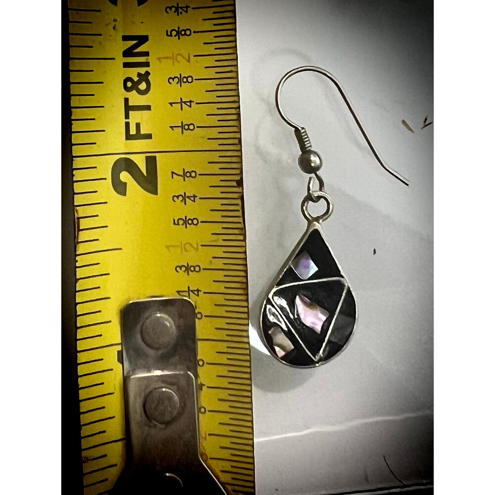 Vintage Mexico Silver Black Geometric Abalone Shell Inlay Teardrop Earrings - Picture 5 of 5